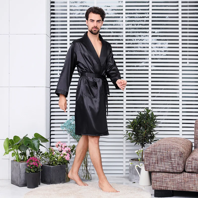 Для мужчин s халат человек один бумага Шелковый тонкий срез пижама с длинными рукавами увеличить код чистый черный
