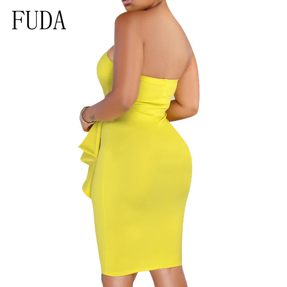 FUDA Elegant Off Shoulder Sleeveless Slim Dress Summer Street Style Package Hip Dress Strapless Ruffles Night Party Dresses