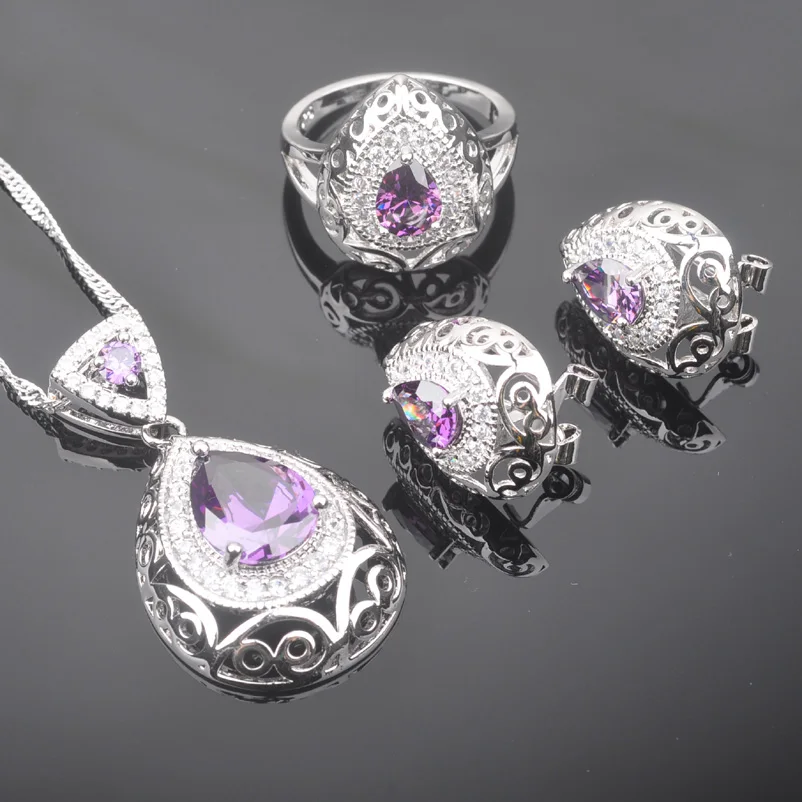 Свадебные украшения Фиолетовый Цирконий женские 925 серебряные ювелирные наборы кристалл серьги/кулон/ожерелье/Кольца подарочная коробка QZ0210