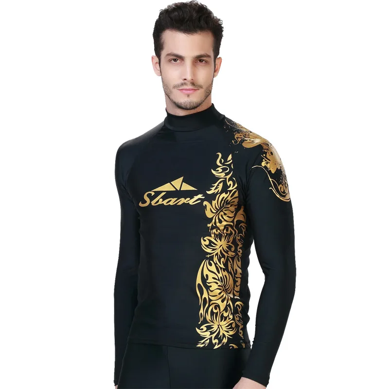 

SBART 1PC Gold Swimwear Men Rash Guards Long Sleeves T Shirts Tops Wetsuits Snorkeling Surfing Clothes 2018 DBO