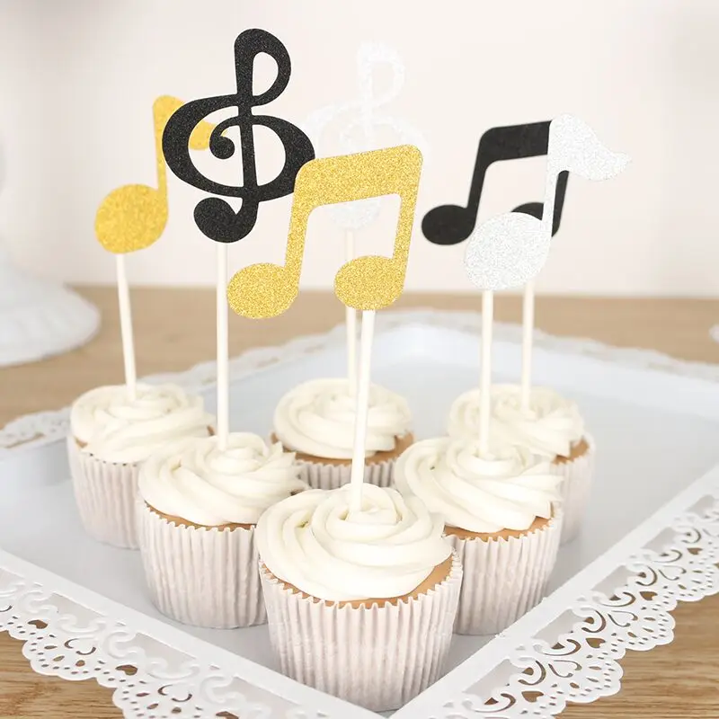 6 pcs/lot Musical Note Cupcake Toppers Birthday Cake Topper gold black