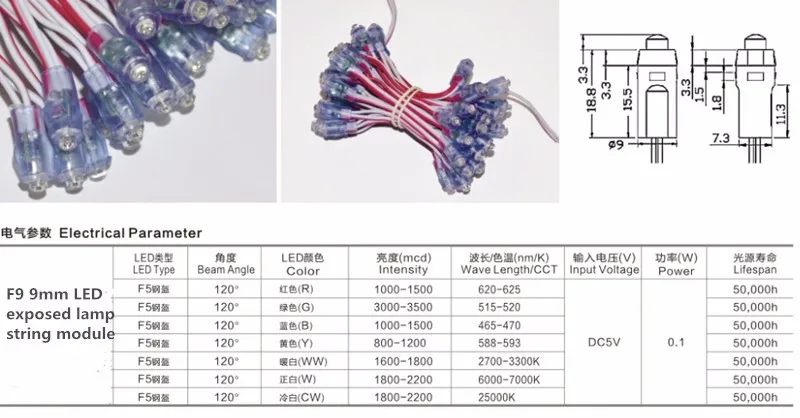 Светодиодный модули строки света 0,1 w DC5V 9 мм белого цвета-красный, синий, зеленый, желтый, розовый, IP68 открытый Водонепроницаемый реклама светодиодные точечные лампочки