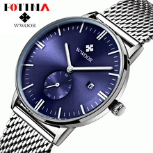 FOTINA Top Brand WWOOR Часы Мужские Дата Часы Мужчины Водонепроницаемый кварцевые Часы Мужчин Серебро Стальной Сетки Ремешок Случайные Спортивные Наручные часы