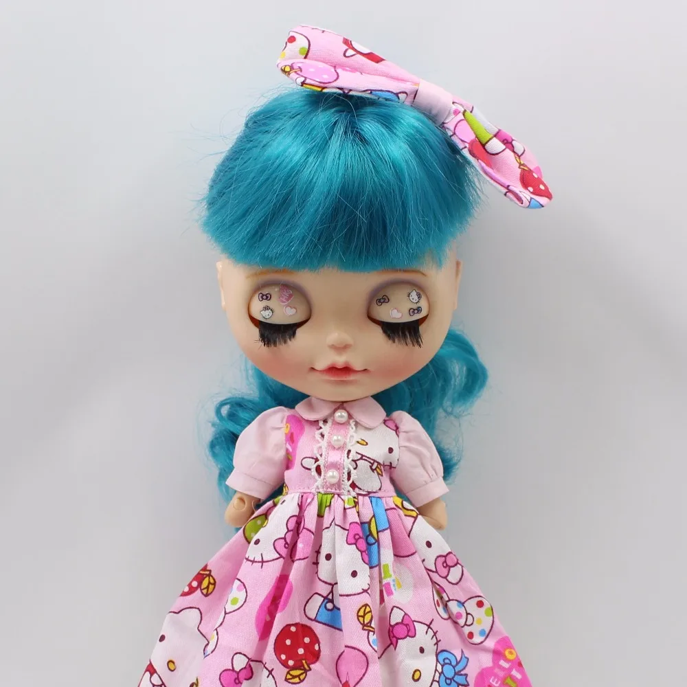 

free shipping blyth doll icy licca body kitty floral dress with bowknot hairpin pink blue yellow Outfit