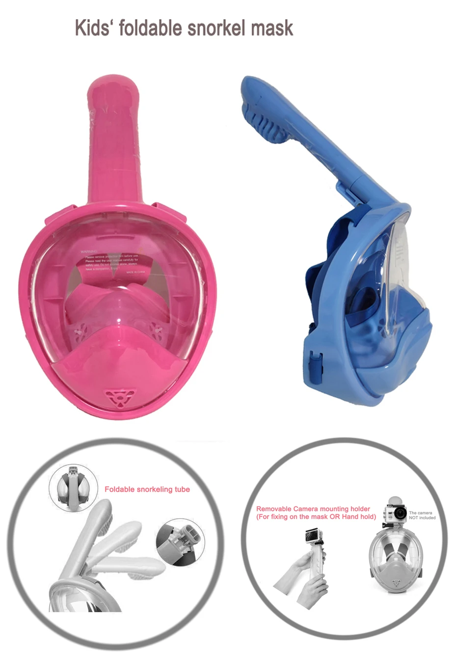 

Free shiipping! New designed kids free breathing snorkeling mask with foldable snorkel tube and removable camera mounting holder