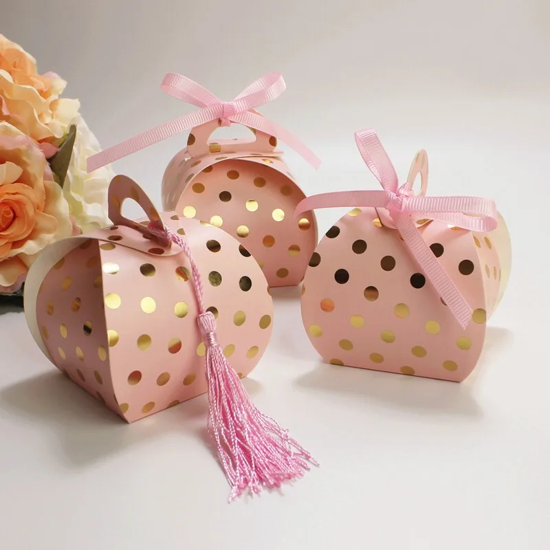 

100pcs Wedding Favors pink Polka dots, Flamingo cookies Candy Boxes with tassels Party Gift Box Baby birthday chocolate box