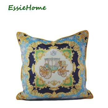 

ESSIE HOME Print Velvet Pillow With Piping Carriage Blue Rococo Baroque Style Soft Cushion Cover Pillow Case Home Decor