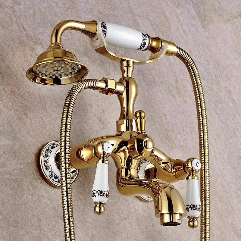 Günstig Europäische Antike Bad Wasserhahn Wasser Misch Ventil Kupfer Gold Badewanne Wasserhahn Dusche Set Wand Montiert Telefon Griff Dusche Kopf