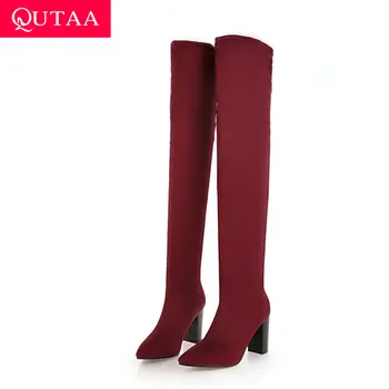 

QUTAA 2020 Sexy Pointed Toe Leopard Stretch Suede Long Boots Square High Heel Winter Warm Fur Over The Knee Boots Size 34-43