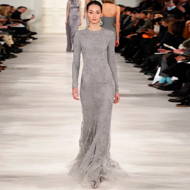 2015 Runway Fashion Grey Lace Long Sleeve Modest Evening Dresses Arabic Style Evening Gown Special Occasion 2015 Runway Fashion Grey Lace Long Sleeve Modest Evening Dresses Arabic Style Evening Gown Special Occasion