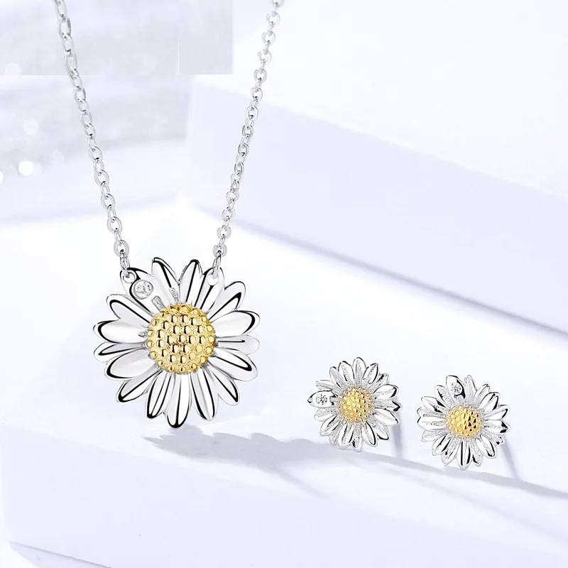 

Fine Jewelry Genuine 925 Sterling Silver Sunflower Pure Silver pendant Necklace Korean Daisy Sweet Hanging Chain Gifts women