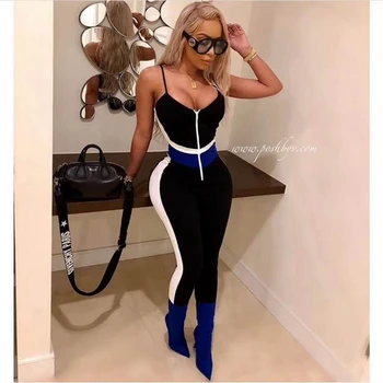 

2018 Women Patchwork Bandage Jumpsuit Sleeveless Spaghetti Strap Zipper Summer Elegant Sexy V Neck Black Bodycon Celebrity Festa
