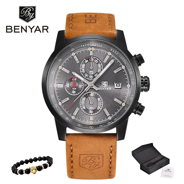 BENYAR мужские часы лучший бренд класса люкс военные кварцевые часы хронограф водонепроницаемые наручные часы Мужские часы Relogio Masculino - Цвет: black Gray