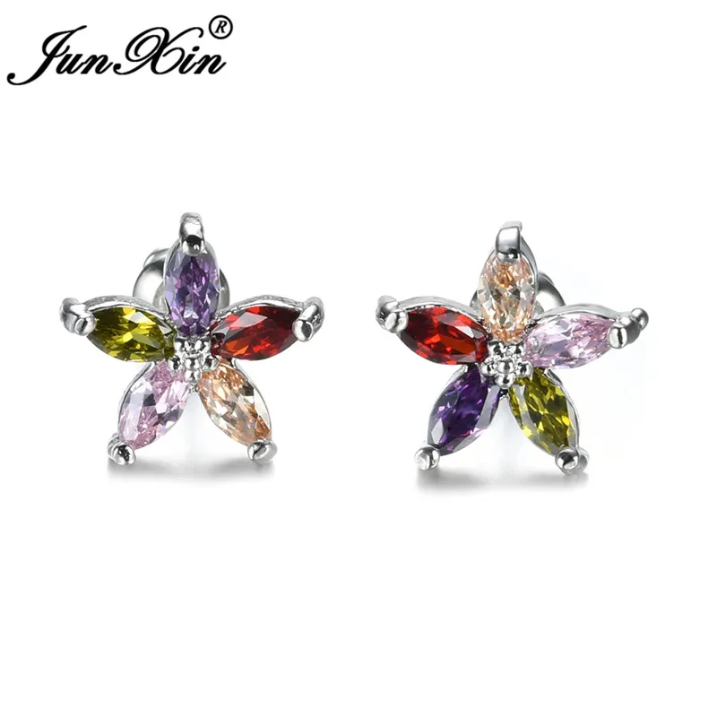 Junxin Для женщин Star Серьги-гвоздики белый/синий/красный/розовый Серьги 925 стерлингов Серебряные ювелирные изделия двойной Свадебные Серьги для Для женщин
