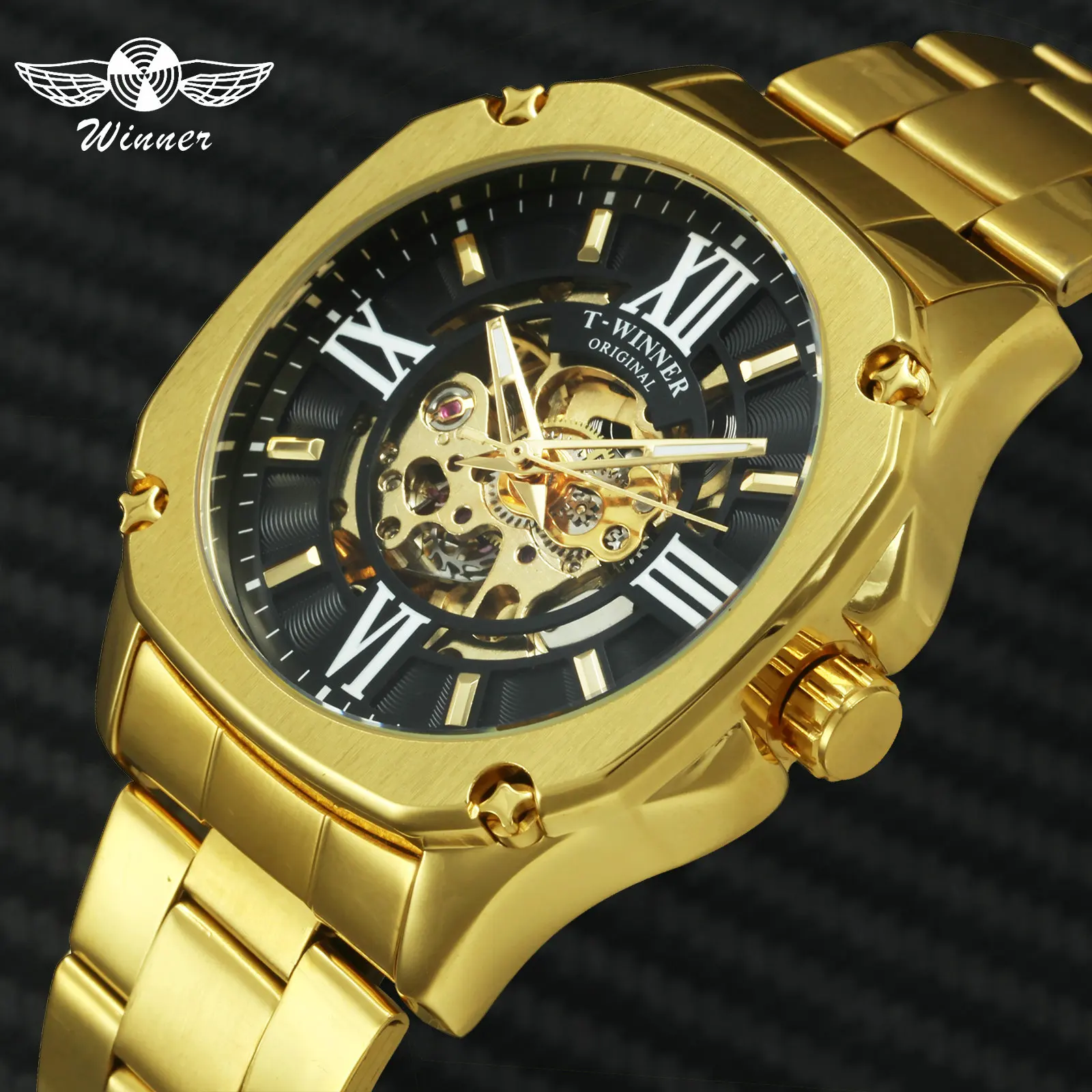 

WINNER Official Dress Mechanical Skeleton Mens Watches Top Brand Luxury Automatic Watch Men Gold Steel Strap Square Wristwatch