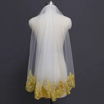 

New Gold Lace White Ivory Tulle Short Wedding Veil with Comb Bling Sequins Lace One Layer Bridal Veil Voile de Mariee