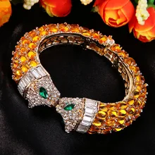 Bella Fashion Yellow Gold Panther Leopard Kiss Bracelets & Bangles Austrian Crystal Animal Bangle Cuff Women Party Jewelry Gift