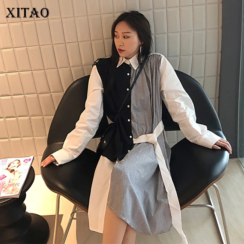 

XITAO Patchwork Striped Midi Dress Hit Color Women Clothes 2019 Plus Size Shirt Dress Fashion Turn Down Autumn New WQR1282