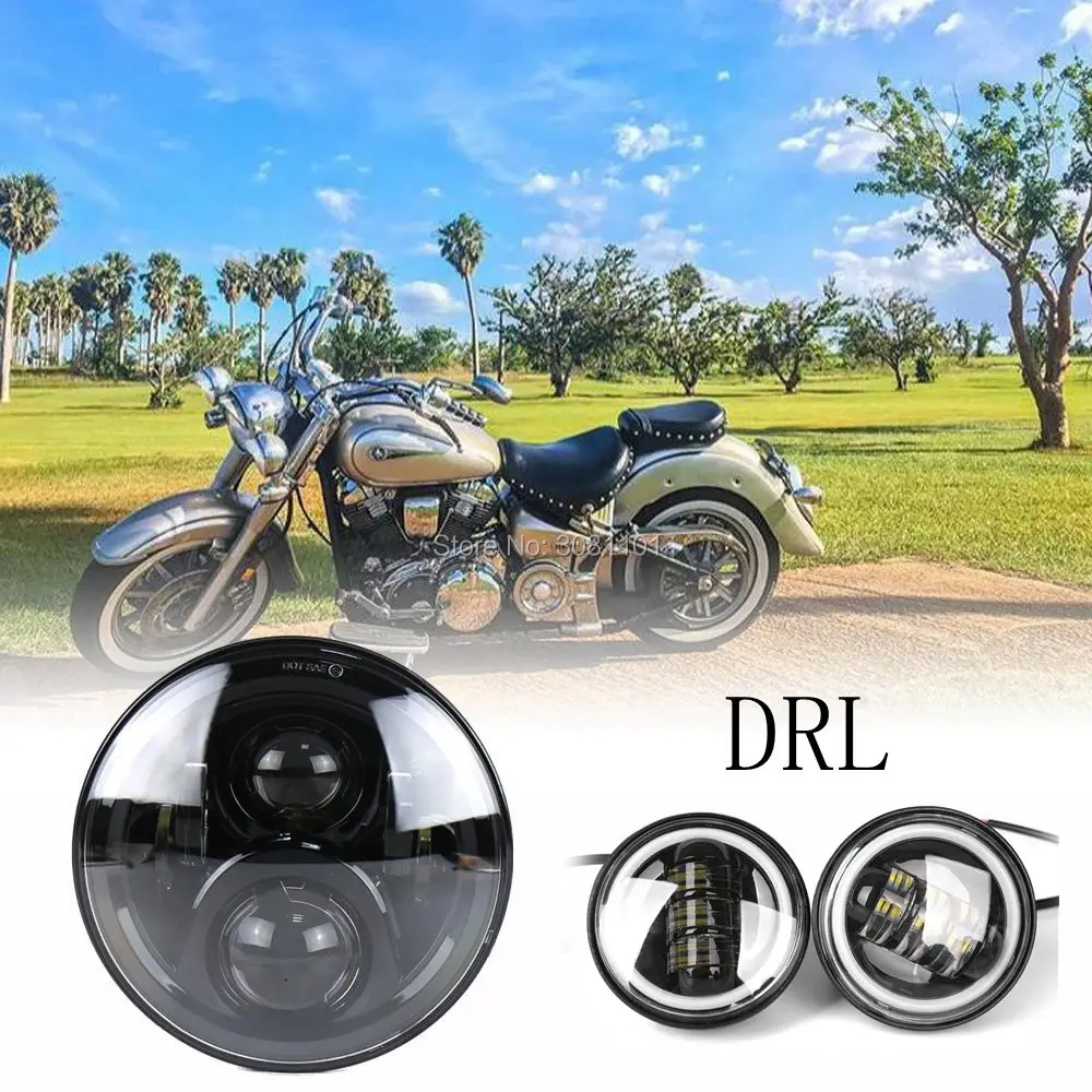 

7"60W Projector LED Headlight H4 + 4.5" Fog Light with White Angel Eyes for 2005-2009 Harley-Davidson FLSTN/I Softail Deluxe