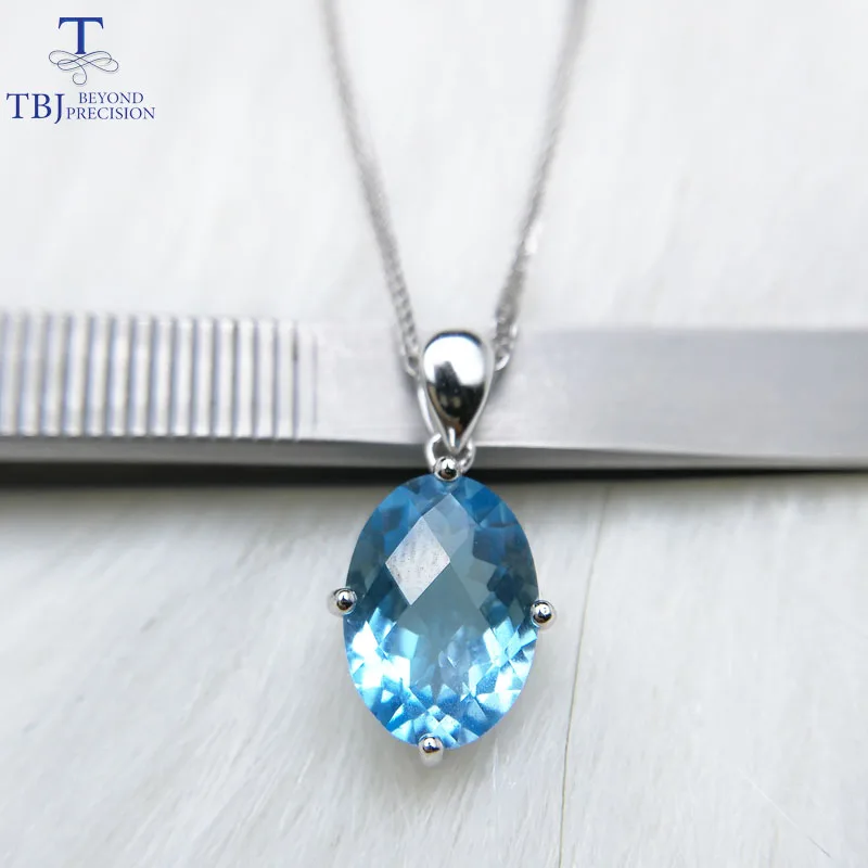 

TBJ,Single Big natural sky blue topaz oval checkerboard cutting 10*14mm 6.5ct gemstone pendant in 925 sterling silver jewelry