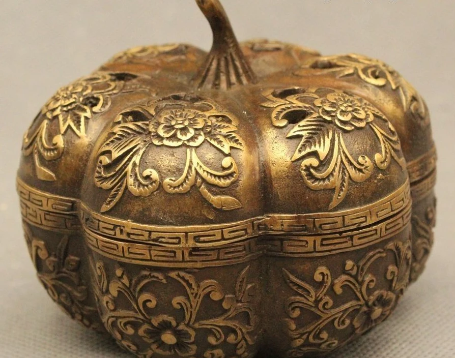 

3"Chinese Folk Bronze Feng Shui Lucky Flower Pumpkin Incense Burner Censer