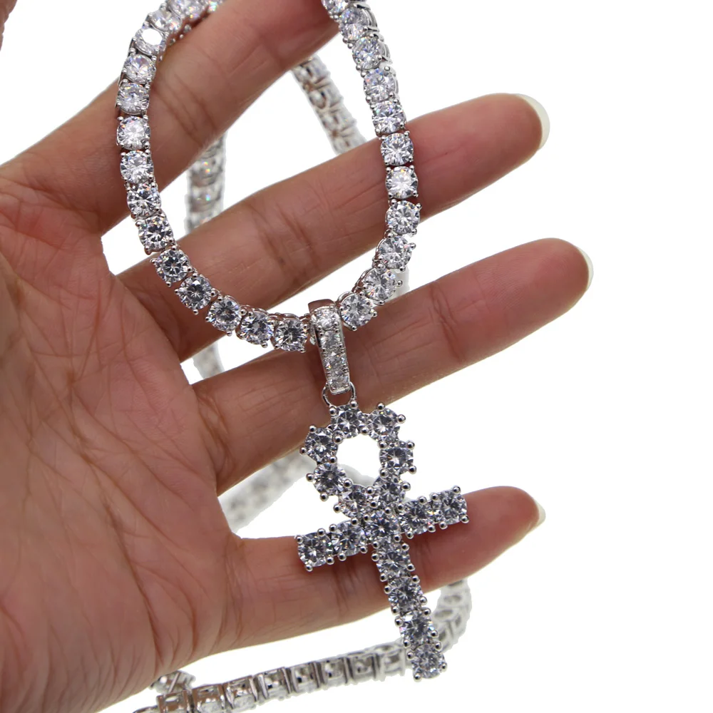 

silver color bling bling jewelry hip hop Egyptian Ankh Key Of Life cross Pendant Necklaces Cubic Zirconia long necklace