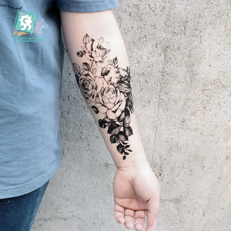 Rocooart черный эскиз татуировки стикер лошадь Тати волк птица змея поддельные татуировки боди-арт Временные татуировки наклейки s цветы Tatuagem