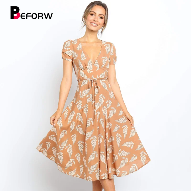 

BEFORW 2020 New Summer Sexy V Neck Leaves Print Dress Women Short Sleeve Casual Dresses Ladies Sashes Beach Dress