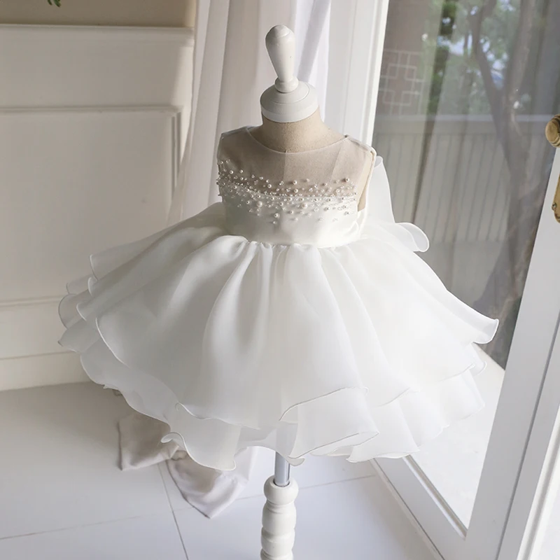 

New Birthday Baby Dress Sleeveless Bead tulle Baby Girl Christening Gowns Newborn Baptism Dresses Party Princess Vestidos