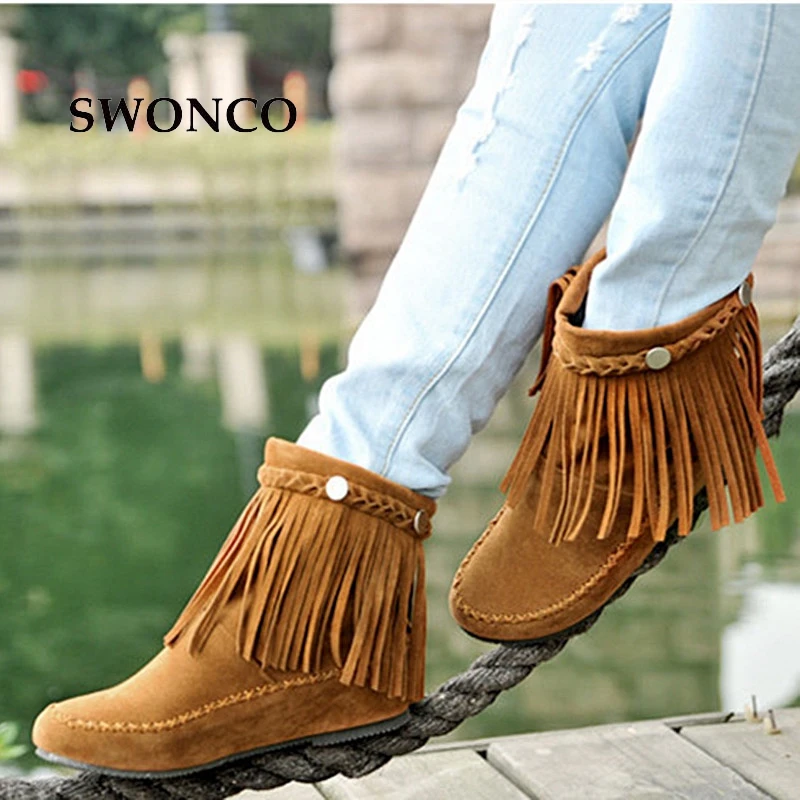 SWONCO Women's Shoes Ankle Boots Plus Size 34-45 Fashion Tassel Autumn Winter Boot Ankle Boots For Women Female Shoes Woman Boot