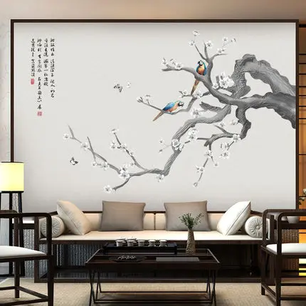 Традиционный китайский стиль цветок птицы Гостиная Кабинет украшения настенные наклейки DIY Дерево домашний декор Винтаж Ретро плакат