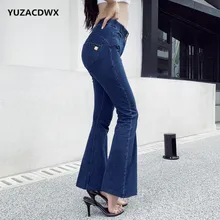 YUZACDWX синие джинсы на пуговицах с расклешенными краями женские длинные джинсовые брюки капри осень талия стрейч женские повседневные джинсы
