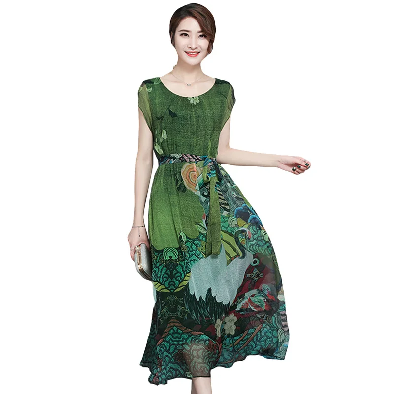 

Spring Summer Green Vintage Floral Print Dresses Women O-Neck Short Sleeve Silk Dress With Sashes Mid-Calf Vestidos Big Size 4XL