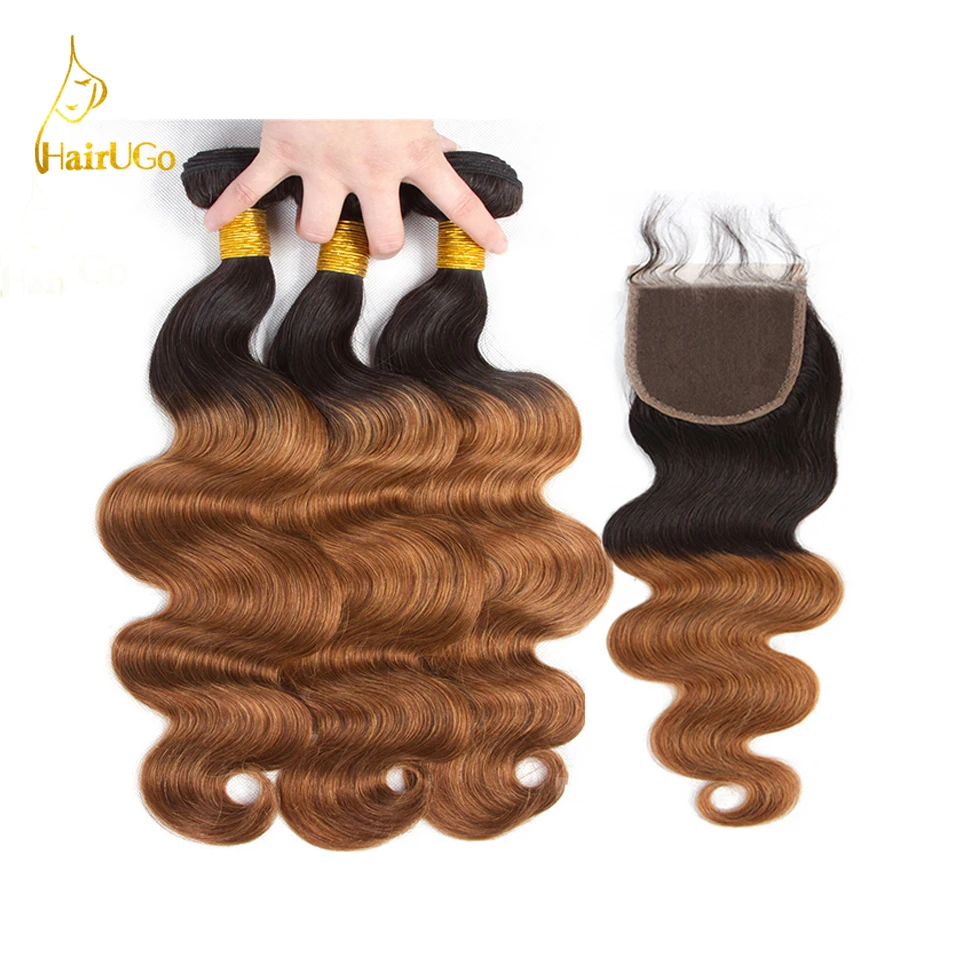 HairUGo волос предварительно Цветной Ombre бразильские волосы блондинкам 3bundles с закрытием кружева 1B/30 объемная волна натуральные волосы ткань-Remy
