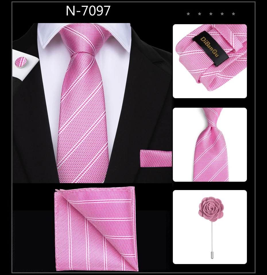 DiBanGu,, розовый галстук, Hanky, запонки, брошь, набор, для шеи, галстуки для мужчин, Свадебная вечеринка, официальный Шелковый галстук, мужской галстук, набор