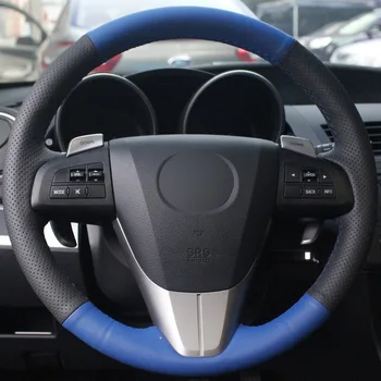 

Puou Blue Black Genuine Leather Hand-stitched Car Steering Wheel Cover for 2011-2013 Mazda 3 Mazda CX-7 Free shipping