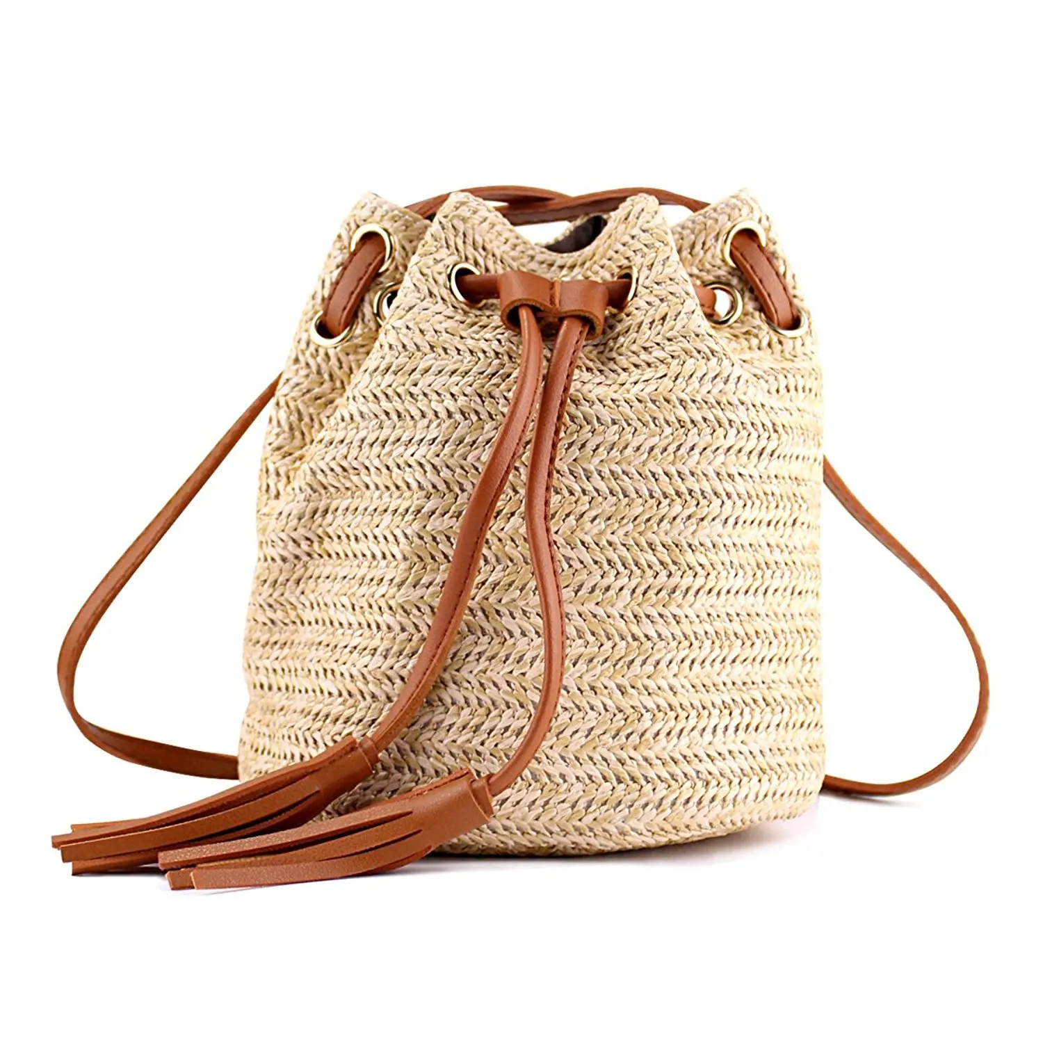 DCOS Beach Solid String Mini Bucket Bags Female Summer Knitting Straw