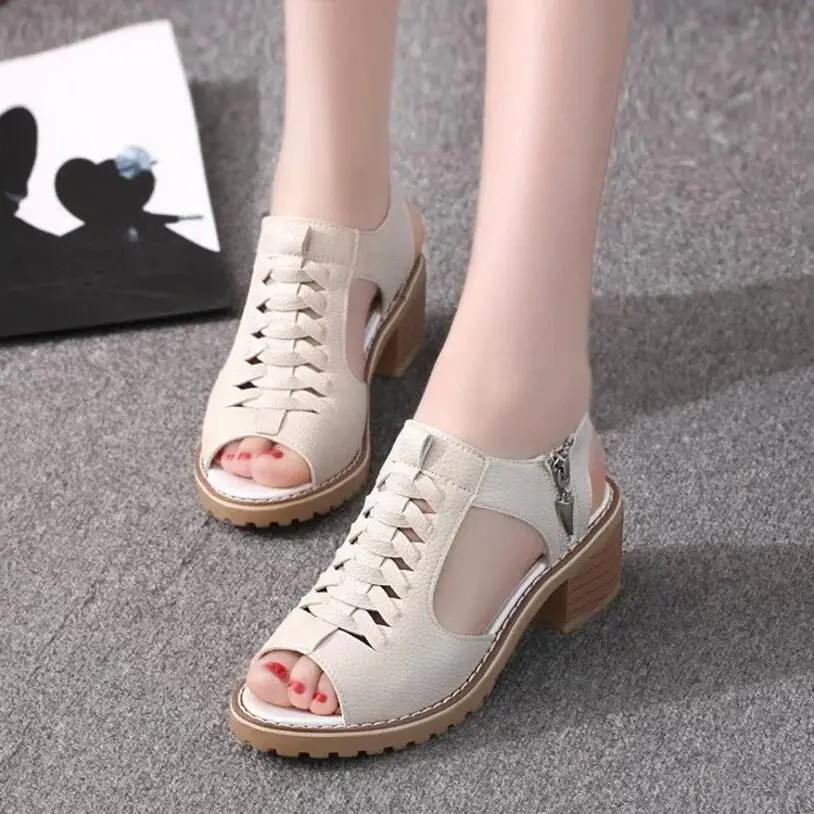 

Dropshiping Vintage Elegant Mid Square Heel Women Sandals Summer Style Peep Toe Cross Tied Side Zip Design Shoes Woman Shoes