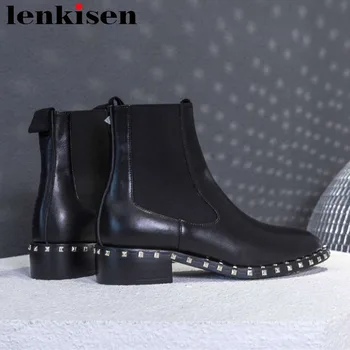 

2018 hot sale chelsea boots handsome girls low heels popular rivets natural leather slip on round toe solid motorcycle boots L31