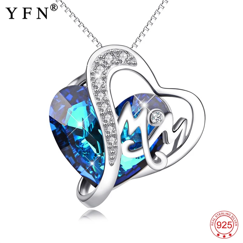 

Mother's Day Gifts Genuine 925 Sterling Silver Ocean Blue Austrian Crystal Mom Letter Pendants Necklaces For Women Jewelry