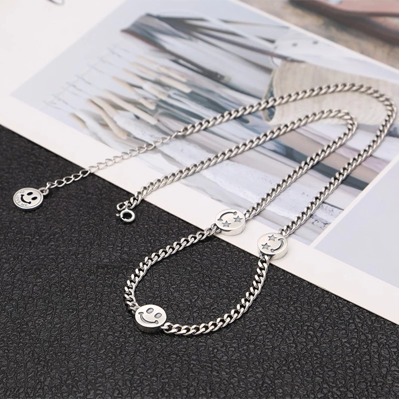 Creative 5mm Thick Smiley face Chain Necklace 925 Sterling silver Men Women Mom Pendant Necklace Fashion Jewelry N59