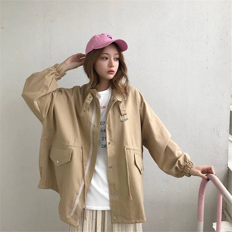 Automne Mode 2018 Plus De Pur La Veste Nouvelle White L0164 Couleur Vintage Debout Col Occasionnel Printemps Taille Femmes Lâche Femelle Harajuku khaki ptpqn05Ar