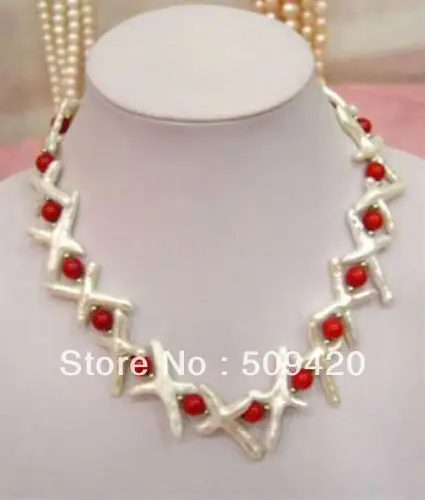 

~~ Free Shipping >>Fashion 18" White Cross Pearl & Red Coral Necklace