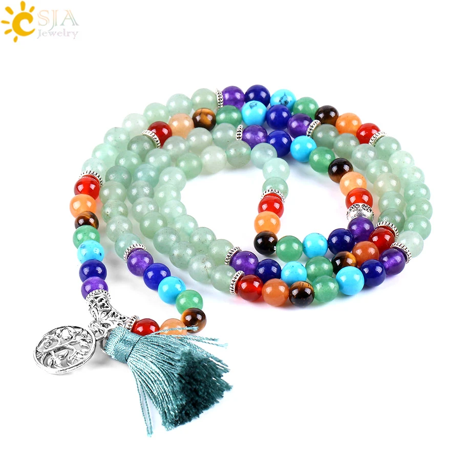 Meditation Mala Necklace Beads Bohemian Gemstone Long Mala Green Bead Stone Tassel Necklace Spiritual Chakra Mala Healing Mala Jewelry