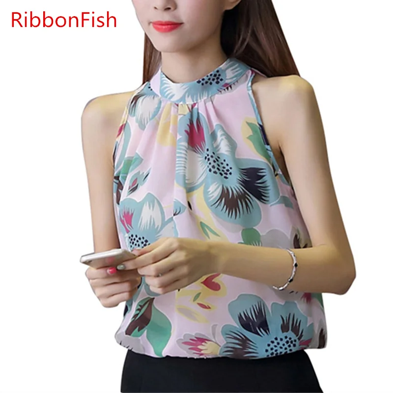 RibbonFish женские летние шифоновые блузки рубашки без рукавов повседневные с