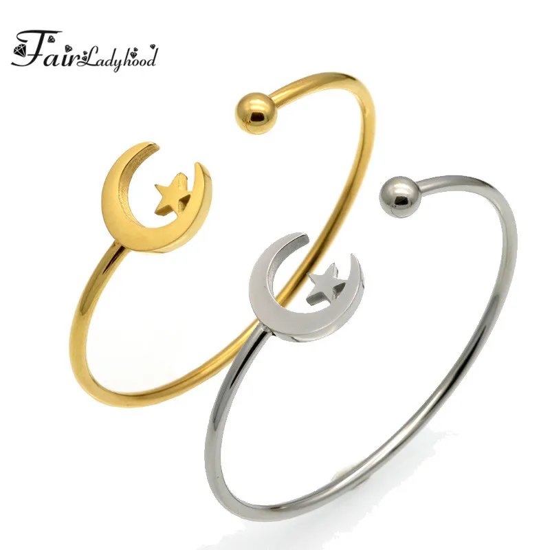 Fairladyhood moon and stars Hallow Design Cuff Bracelet Gold Color Stainless Steel Bangles For Women Wholesale | Украшения и
