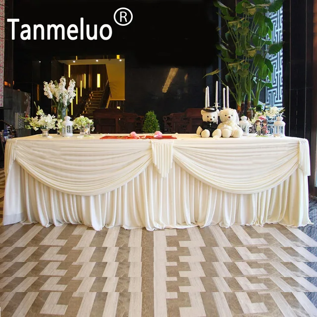 

0.8x8M wedding table skirt white ice silk table skirting with 5 swags