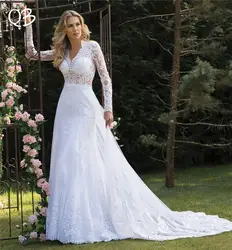 Vestido de Noiva 2019 Новые свадебные платья трапециевидной формы v-образным вырезом с длинным рукавом из фатина, кружевное, расшитое бисером