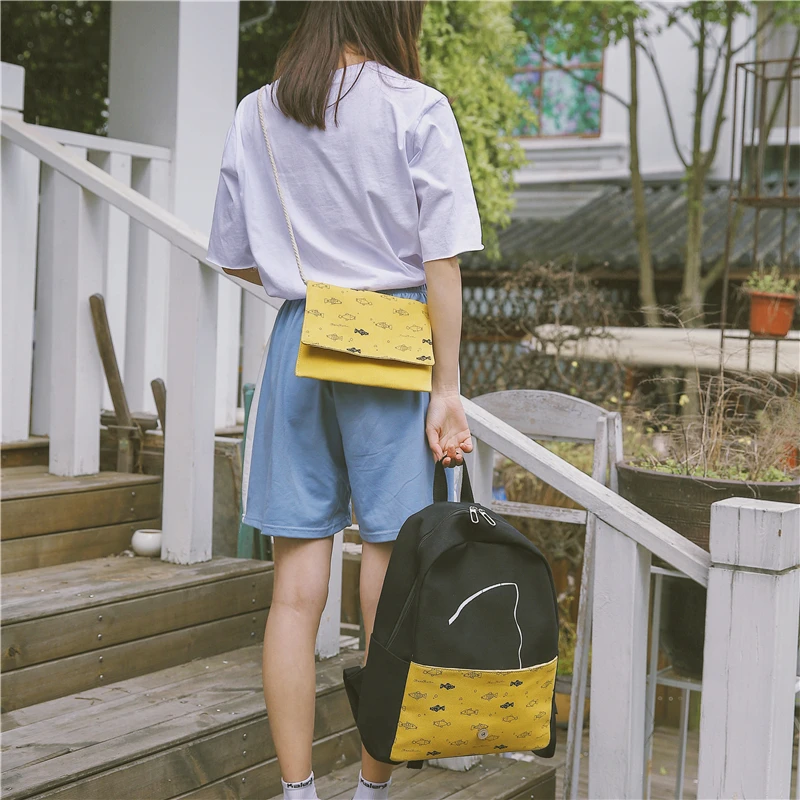 Menghuo 2 Pcsset Women Backpacks Cute Fish School Bag for Teenage Girls Printing Canvas Backpack Ladies Shoulder Bags Mochilas (52)