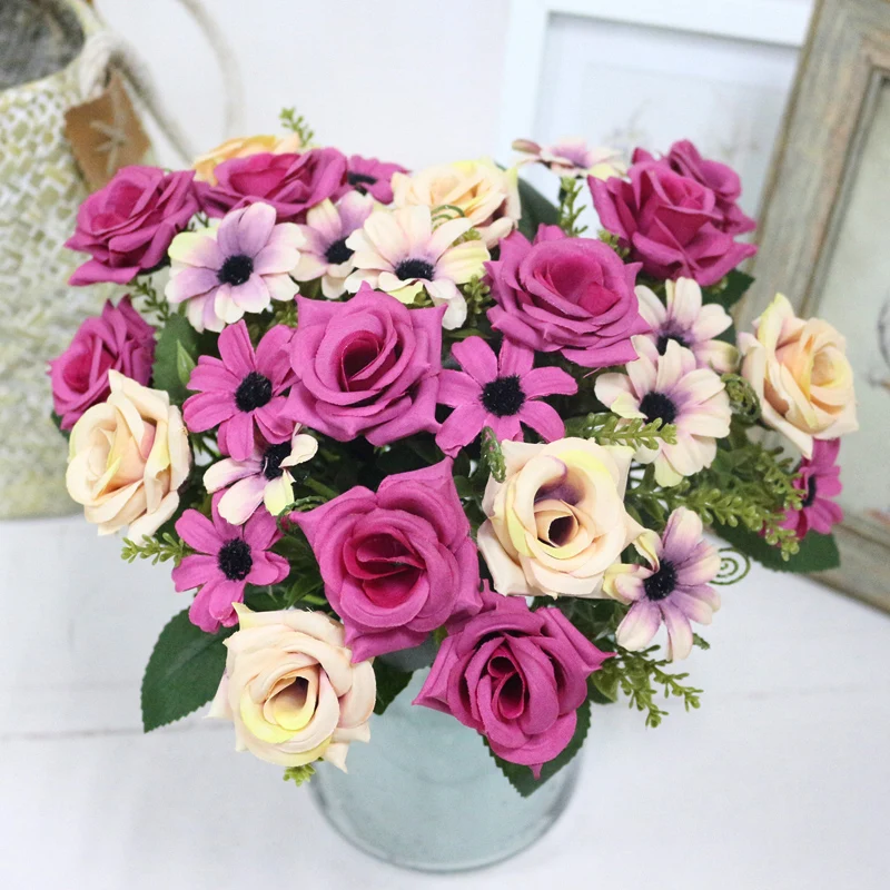 JAROWN Simulation Rose Bouquet Artificial Silk Flowers Fake Flower Art Decoration For Wedding Home Office Desktop Placement (20)